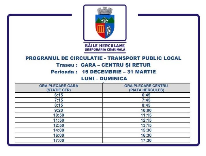 TRANSPORTUL ÎN COMUN TRECE LA PROGRAMUL DE IARNĂ -Anunț primăria Băile Herculane